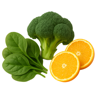 Broccoli, spinach, and oranges on a white background