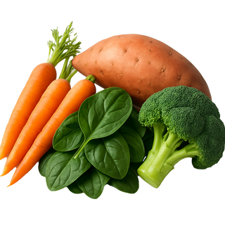 Assorted vegetables including carrots, sweet potato, spinach, and broccoli on a white background