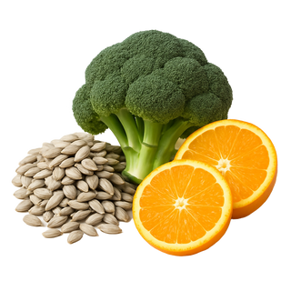 Broccoli, sunflower seeds, and oranges on a white background