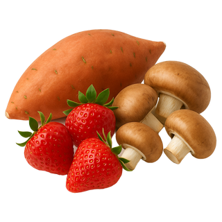 Sweet potato, strawberries, and mushrooms on a white background