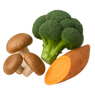 Three mushrooms, a head of broccoli, and a sweet potato on a white background