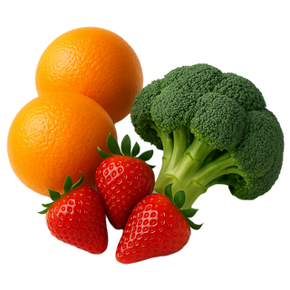 Oranges, strawberries, and broccoli on a white background
