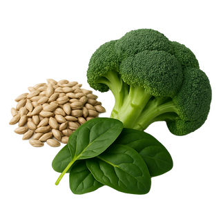 Broccoli, spinach leaves, and sunflower seeds on a white background