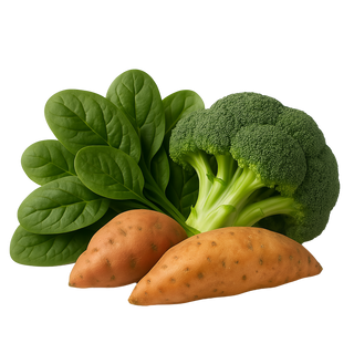 Spinach, broccoli, and sweet potatoes on a white background