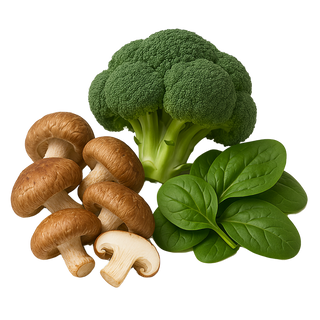 Broccoli, mushrooms, and spinach on a white background