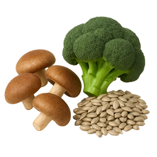 Mushrooms, broccoli, and sunflower seeds on a white background