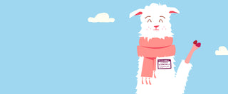 Cartoon llama wearing a pink scarf with a label on a blue background. The Lamma's name is Earnest.