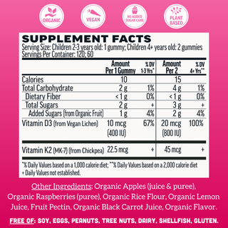 Kids Vitamin D3 + K2 Gummies, Raspberry (120 ct)