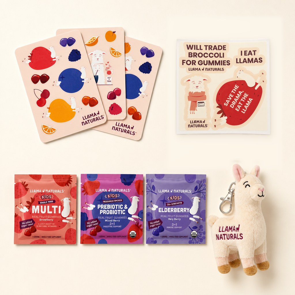Free Welcome Kit: fruit sticker sheets, water bottle stickers, three on-the-go packs and a plush llama backpack charm