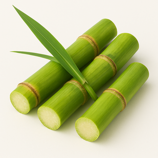 Four green sugarcane stalks with a leaf on a white background