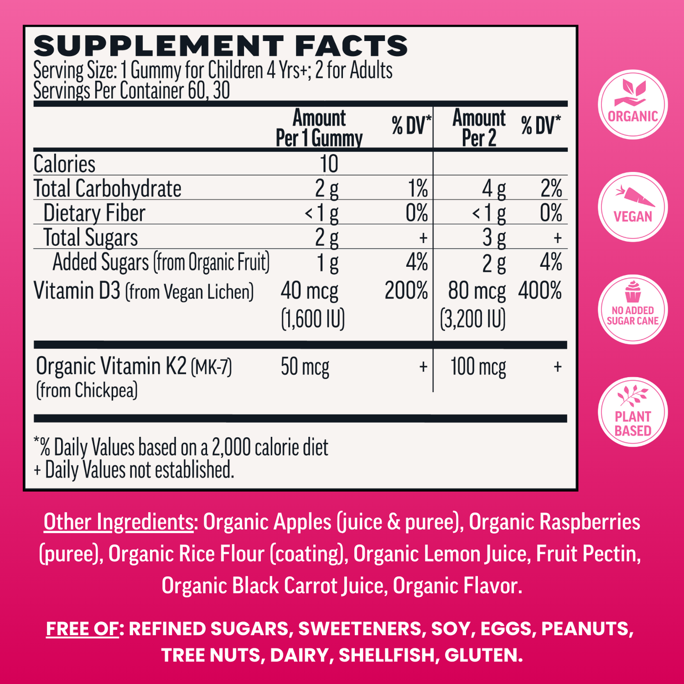 Vitamin D3 + K2 Gummies, Raspberry (60 ct)