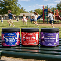 Kids Multi, Pre & Probiotic and Elderberry jars on a school playground bench