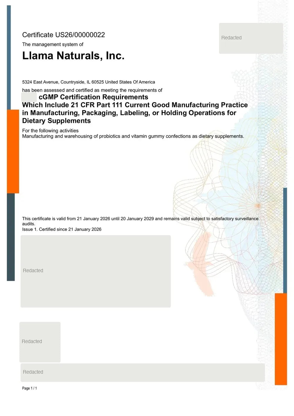 cGMP certificate (certifier name redacted) for Llama Naturals, Inc. in Countryside, Illinois, valid January 21, 2026 through January 20, 2029, subject to surveillance audits.