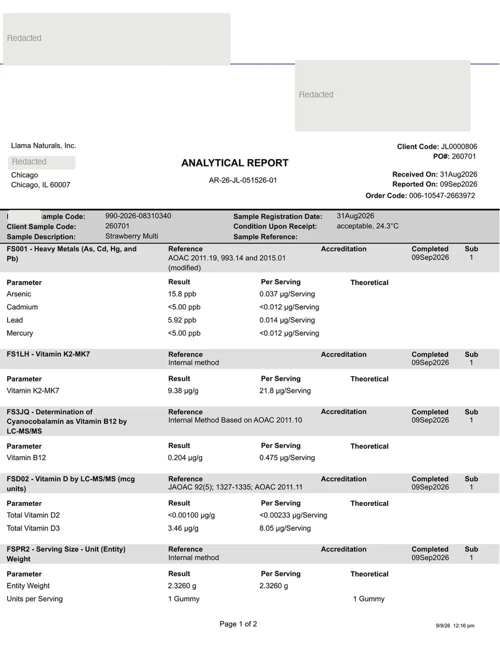 Page 1 of the September 9, 2026 Strawberry Multi analytical report from an independent third-party lab (names redacted), showing sample details, heavy metal results, vitamin results and serving information.