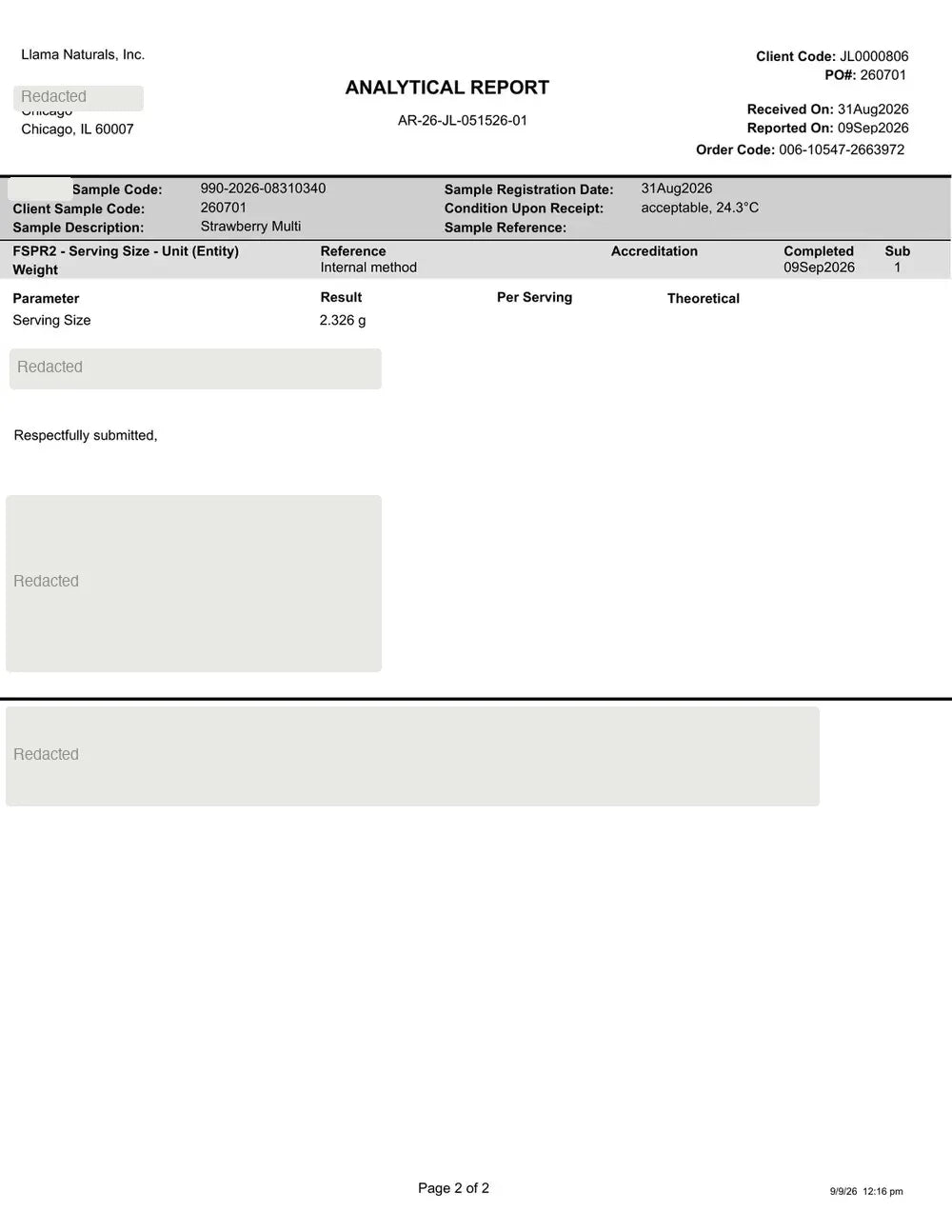Page 2 of the September 9, 2026 Strawberry Multi analytical report from an independent third-party lab (names redacted), showing serving size, laboratory submission and report limitations.