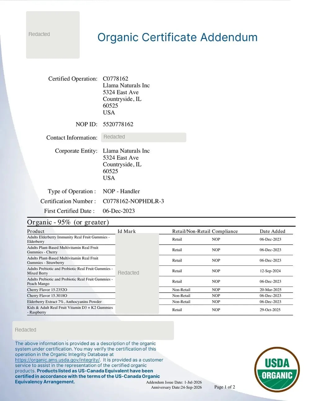 Organic certificate addendum (certifier name redacted) for Llama Naturals, issued July 1, 2026, listing certified Kids and Adult formulas.