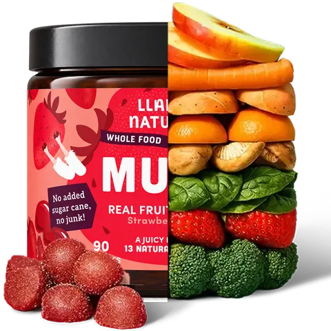 Llama Naturals Kids Multi jar paired with a stack of fruit and vegetables, with red gummies in front